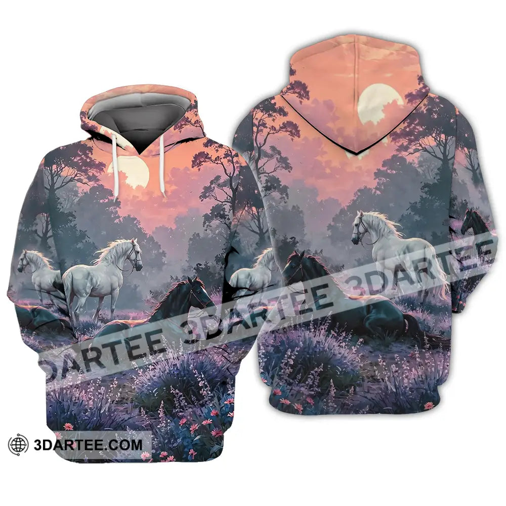 Unisex Shirt - Black And White Horses In Sunset Horse Graphic Animal Scenery Stylish Shirt Hoodie / S T-shirt