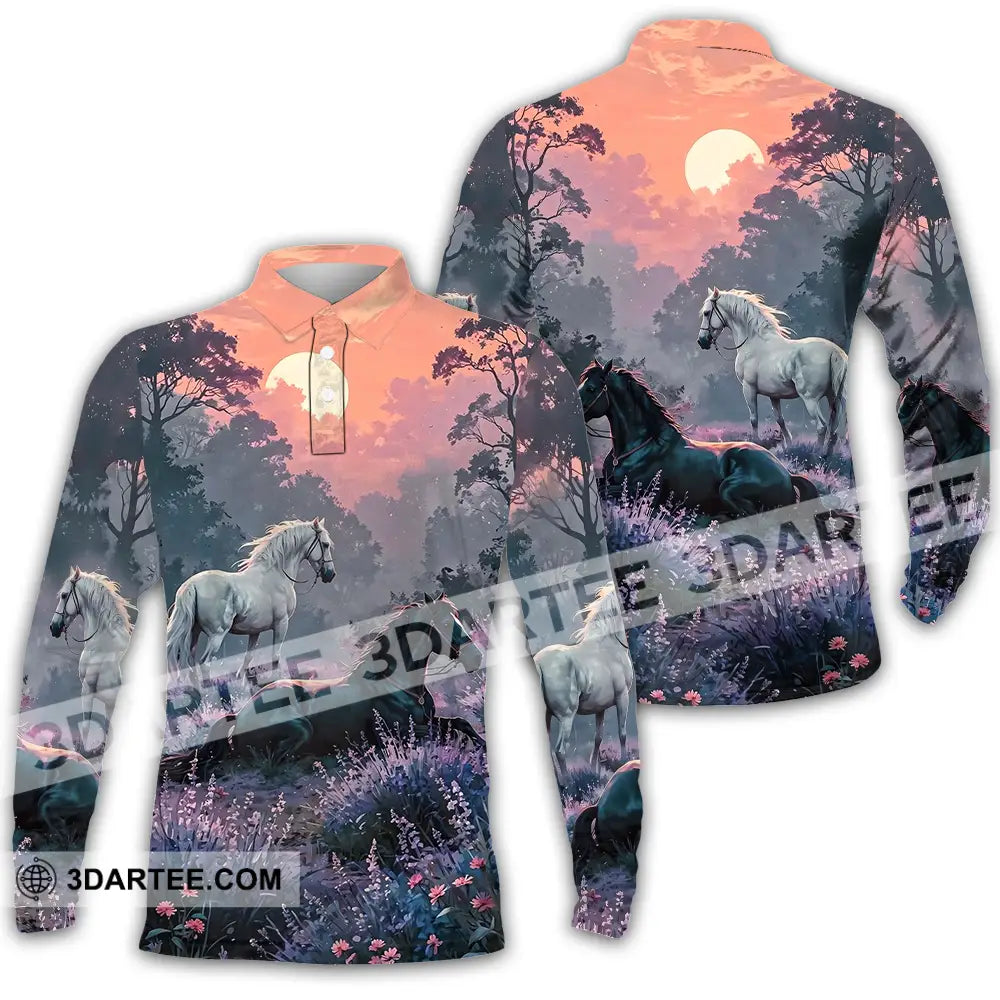 Unisex Shirt - Black And White Horses In Sunset Horse Graphic Animal Scenery Stylish Shirt Long Sleeve Polo / S T-shirt
