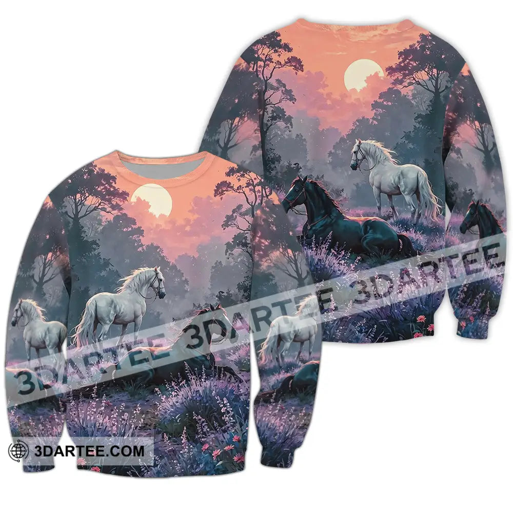 Unisex Shirt - Black And White Horses In Sunset Horse Graphic Animal Scenery Stylish Shirt Long Sleeve / S T-shirt