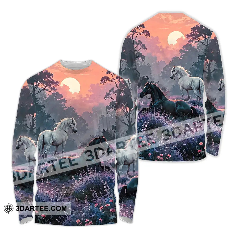 Unisex Shirt - Black And White Horses In Sunset Horse Graphic Animal Scenery Stylish Shirt Long Sleeve Shirt / S T-shirt