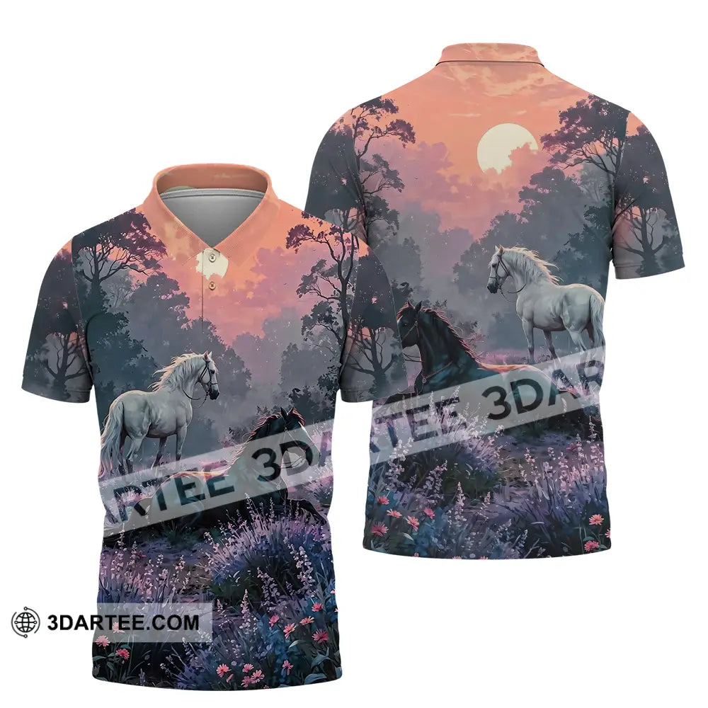 Unisex Shirt - Black And White Horses In Sunset Horse Graphic Animal Scenery Stylish Shirt Polo Shirt / S T-shirt