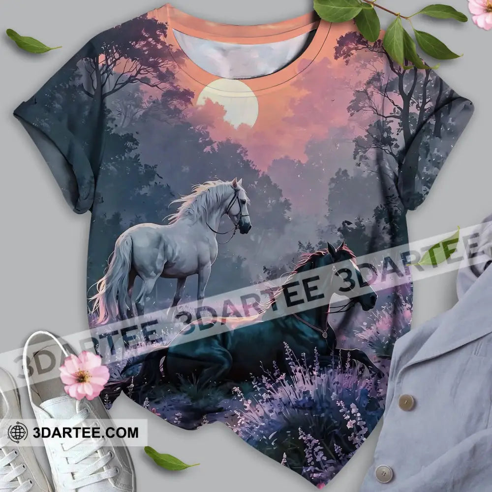 Unisex Shirt - Black And White Horses In Sunset Horse Graphic Animal Scenery Stylish Shirt T-shirt