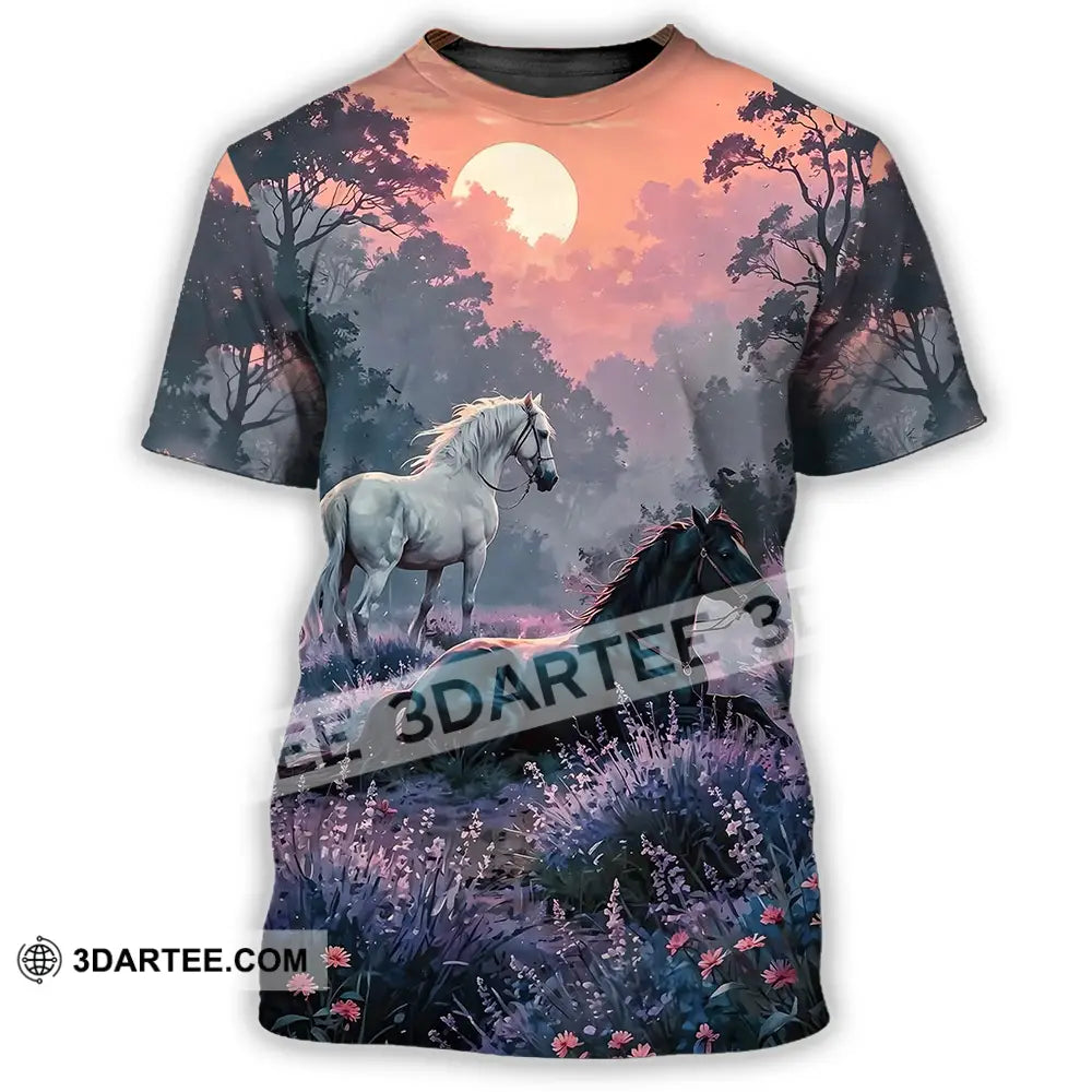 Unisex Shirt - Black And White Horses In Sunset Horse Graphic Animal Scenery Stylish Shirt T-Shirt / S T-shirt