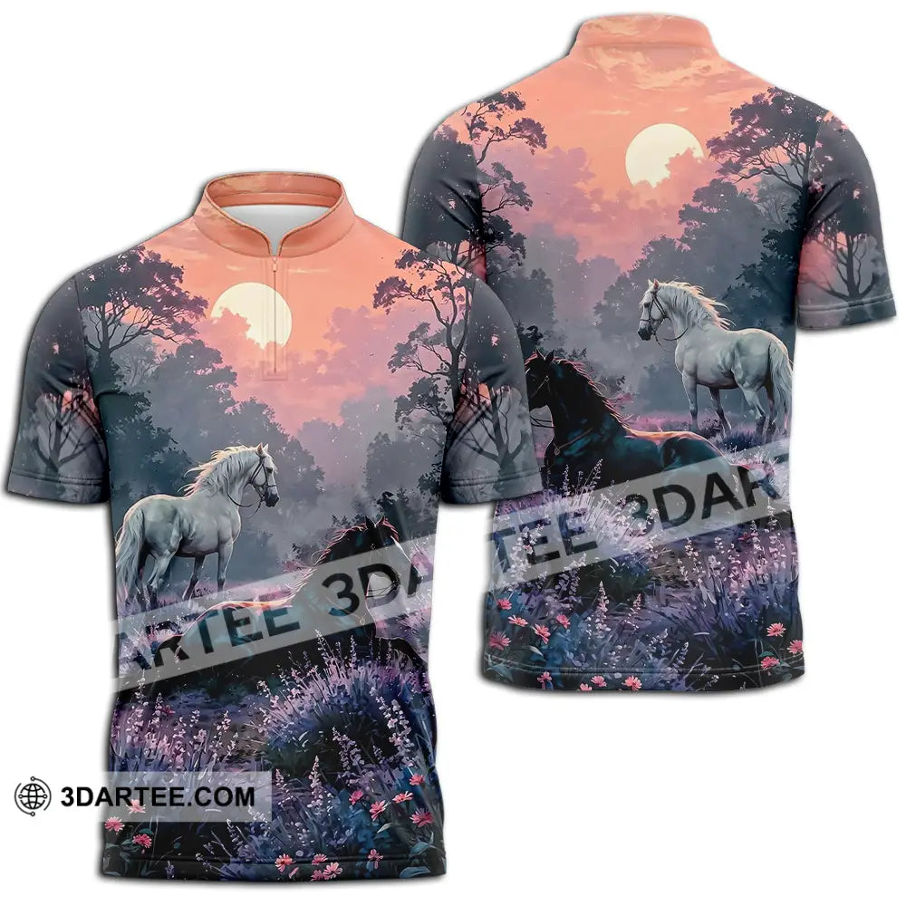 Unisex Shirt - Black And White Horses In Sunset Horse Graphic Animal Scenery Stylish Shirt Zipper Polo Shirt / S T-shirt