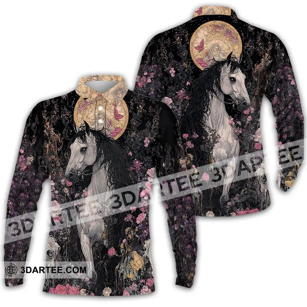 Unisex Shirt - Black Horse And Flowers Horse Graphic Animal Scenery Stylish Shirt Long Sleeve Polo / S T-shirt