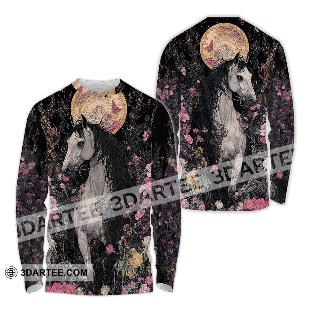 Unisex Shirt - Black Horse And Flowers Horse Graphic Animal Scenery Stylish Shirt Long Sleeve Shirt / S T-shirt