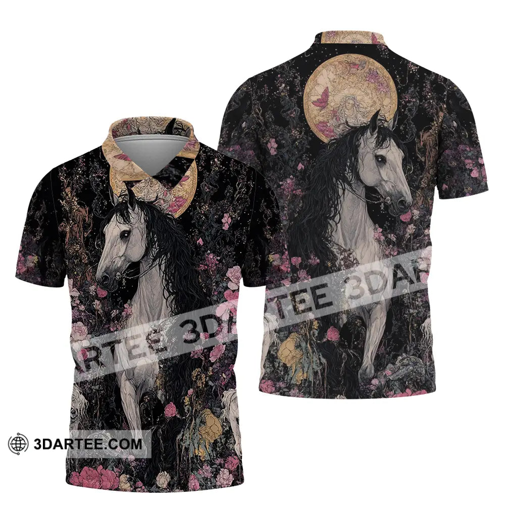 Unisex Shirt - Black Horse And Flowers Horse Graphic Animal Scenery Stylish Shirt Polo Shirt / S T-shirt
