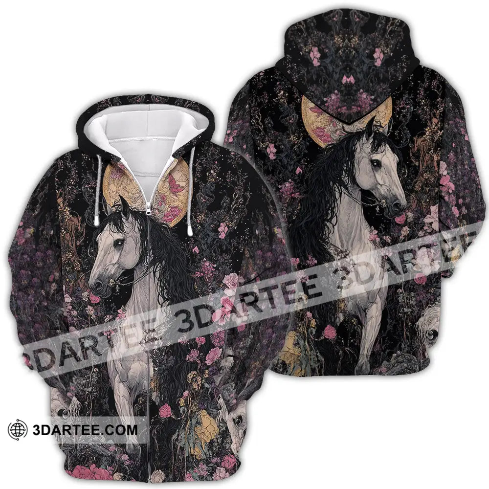 Unisex Shirt - Black Horse And Flowers Horse Graphic Animal Scenery Stylish Shirt Zipper Hoodie / S T-shirt