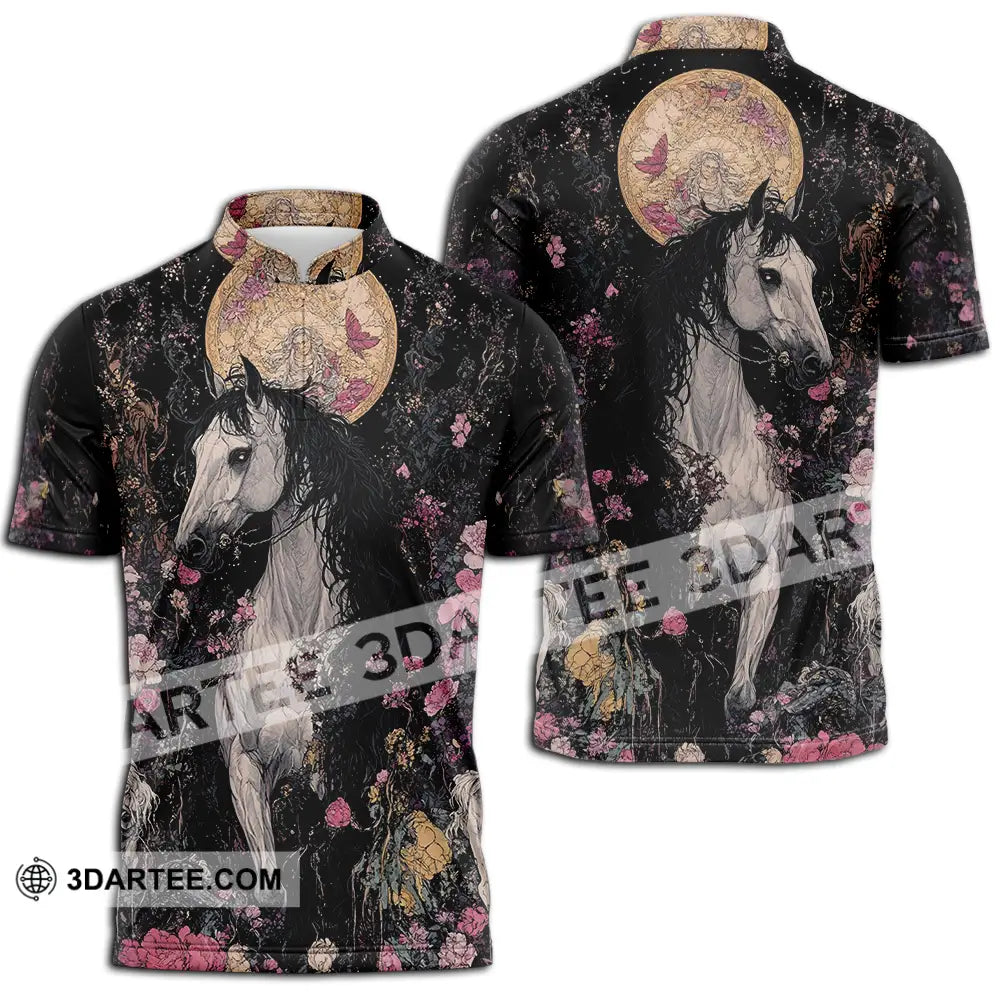 Unisex Shirt - Black Horse And Flowers Horse Graphic Animal Scenery Stylish Shirt Zipper Polo Shirt / S T-shirt