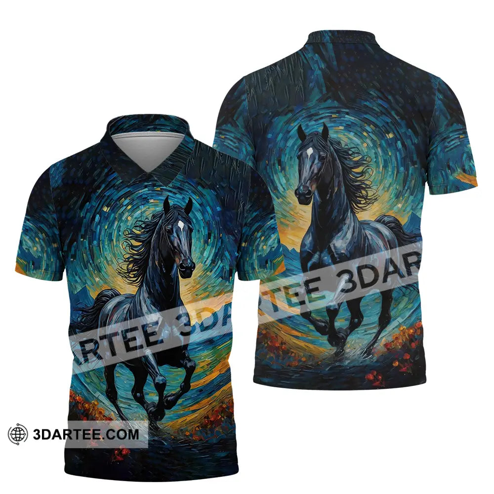 Unisex Shirt - Black Horse Symbolism Night Sky Shirt Polo Shirt / S T-shirt