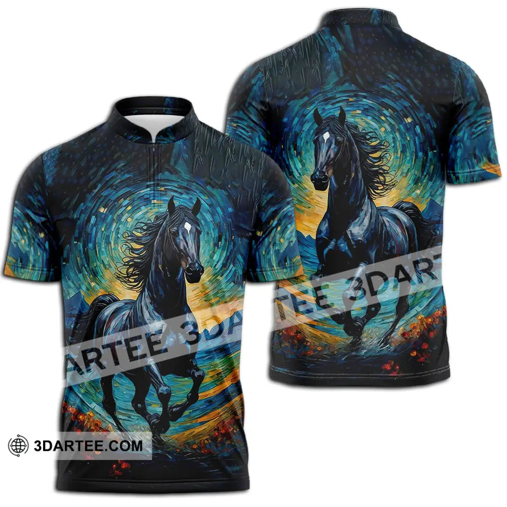 Unisex Shirt - Black Horse Symbolism Night Sky Shirt Zipper Polo Shirt / S T-shirt