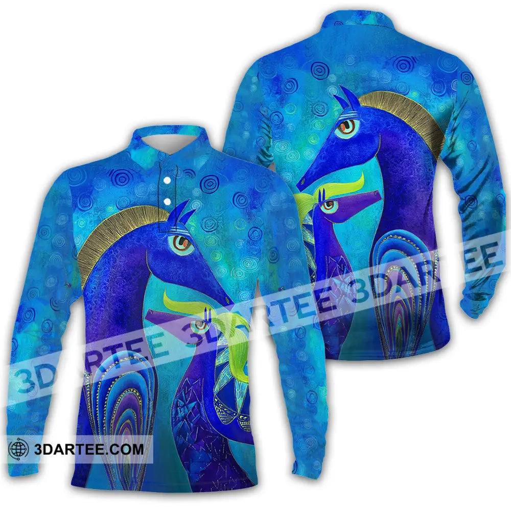 Unisex Shirt - Blue Abstract Art Horses Graphic Shirt Long Sleeve Polo / S T-shirt