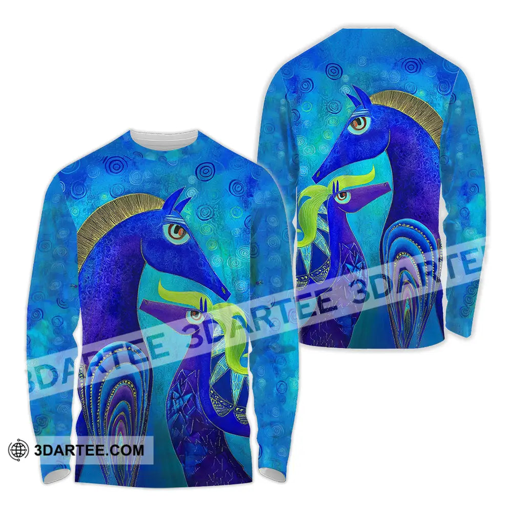 Unisex Shirt - Blue Abstract Art Horses Graphic Shirt Long Sleeve Shirt / S T-shirt