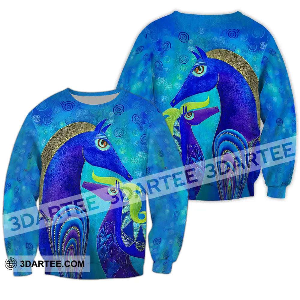 Unisex Shirt - Blue Abstract Art Horses Graphic Shirt Long Sleeve / S T-shirt