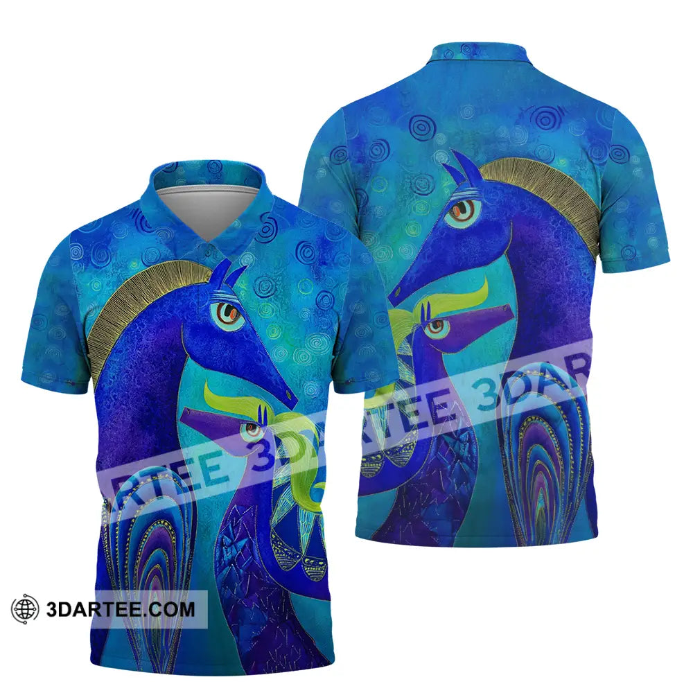 Unisex Shirt - Blue Abstract Art Horses Graphic Shirt Polo Shirt / S T-shirt