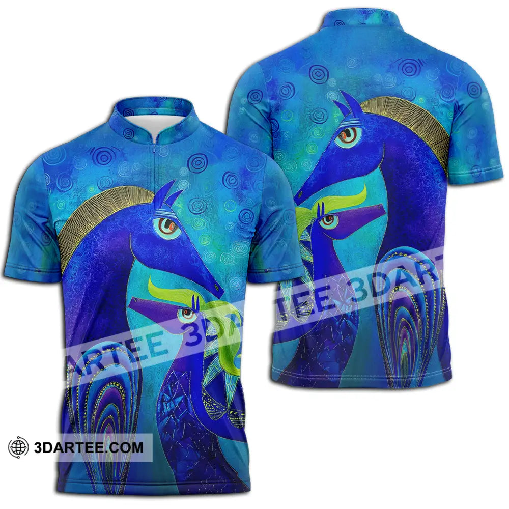 Unisex Shirt - Blue Abstract Art Horses Graphic Shirt Zipper Polo Shirt / S T-shirt