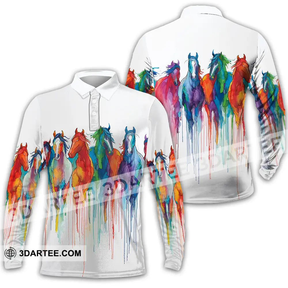 Unisex Shirt - Colorful Horses Horse Graphic Animal Scenery Stylish Shirt Long Sleeve Polo / S T-shirt