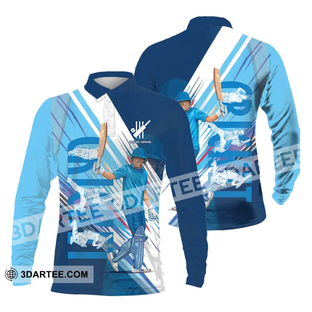 Unisex Shirt Custom Cricket Player Blue Design Shirt Long Sleeve Polo / S T shirt