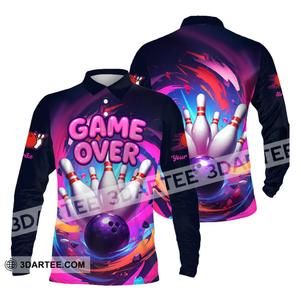 Unisex Shirt - Custom Funny Bowling Game Purple Shirt Long Sleeve Polo / S T-shirt