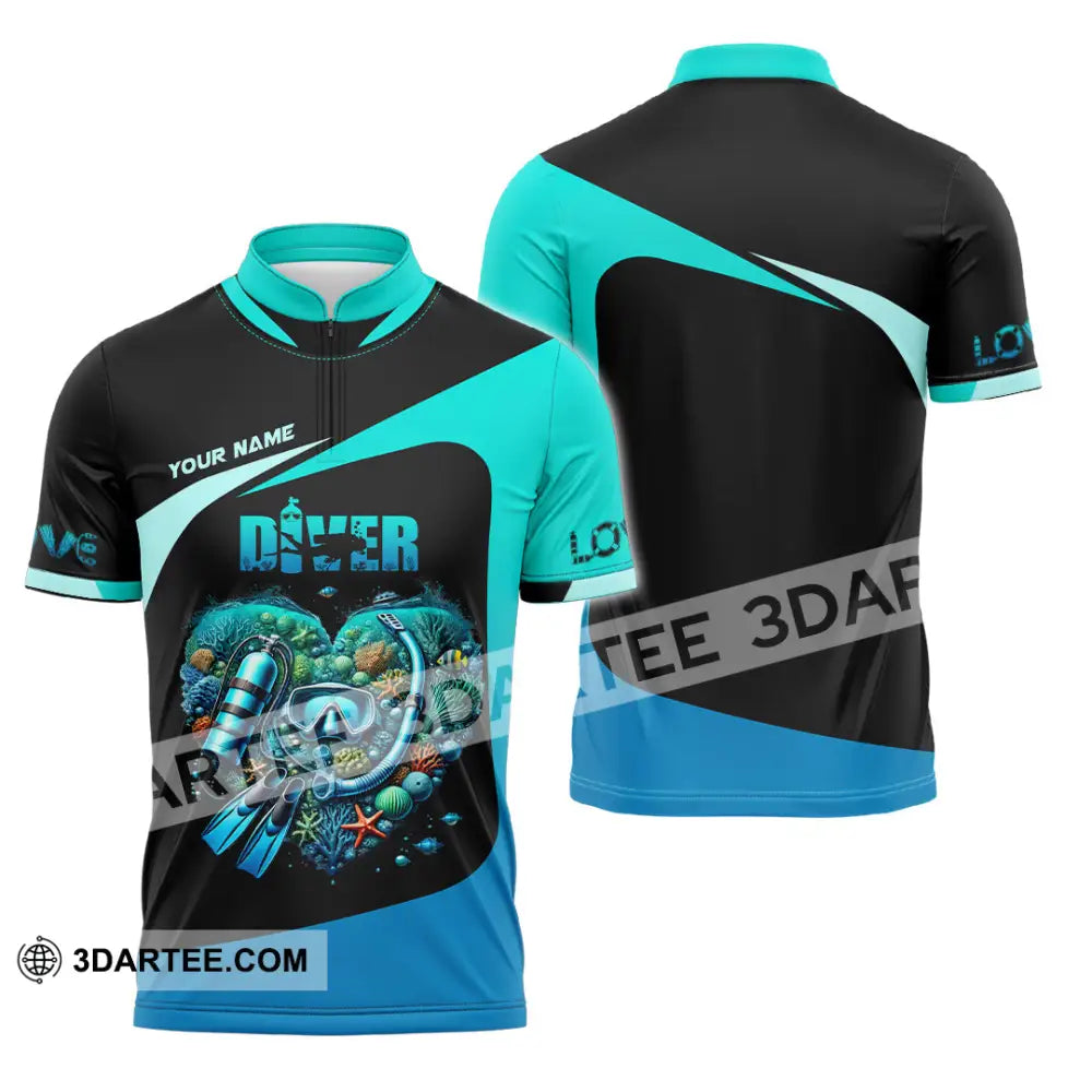 Unisex Shirt Custom Name Diving Gift For Diver Zipper Polo / S T-Shirt