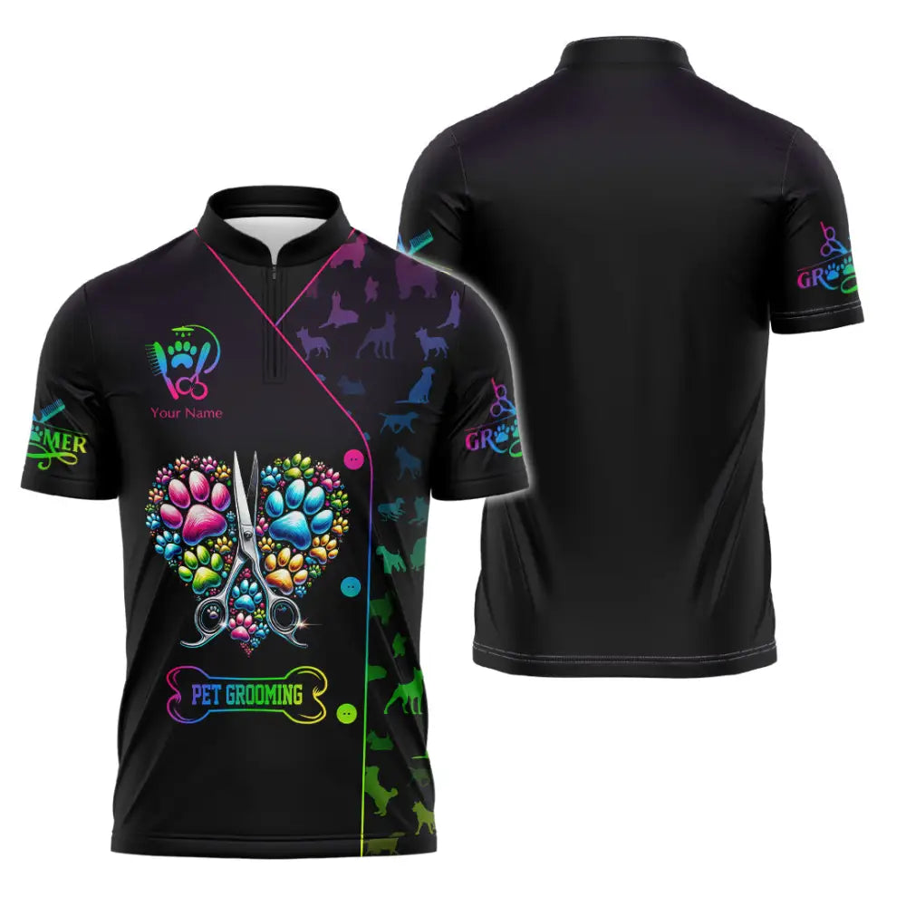 Unisex Shirt Custom Name Groomer Pet Shop Uniform Grooming T-Shirt Zipper Polo / S T-Shirt