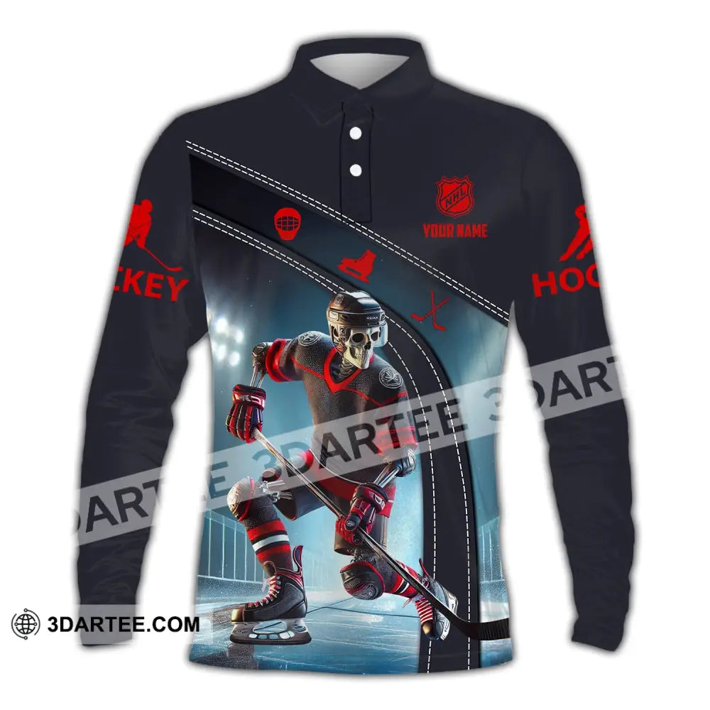 Unisex Shirt - Custom Name Skull Hockey Long Sleeve Polo / S T-Shirt