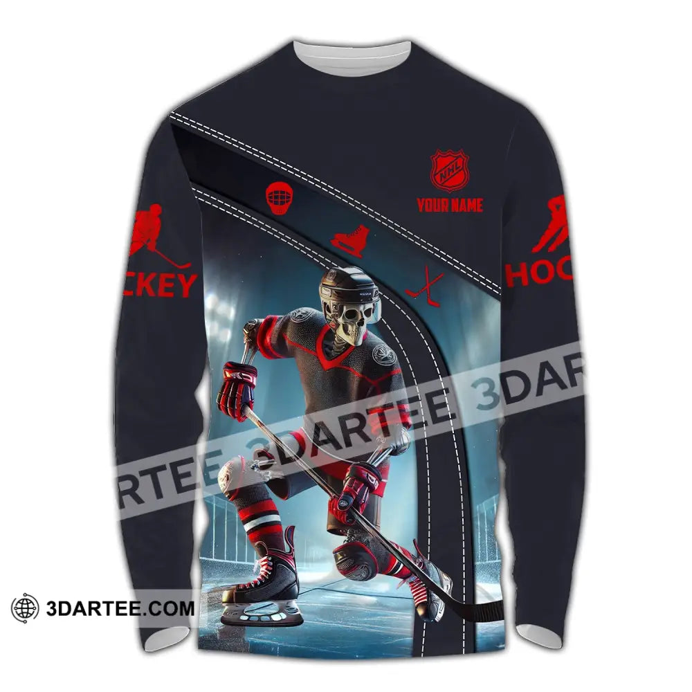 Unisex Shirt - Custom Name Skull Hockey Long Sleeve / S T-Shirt