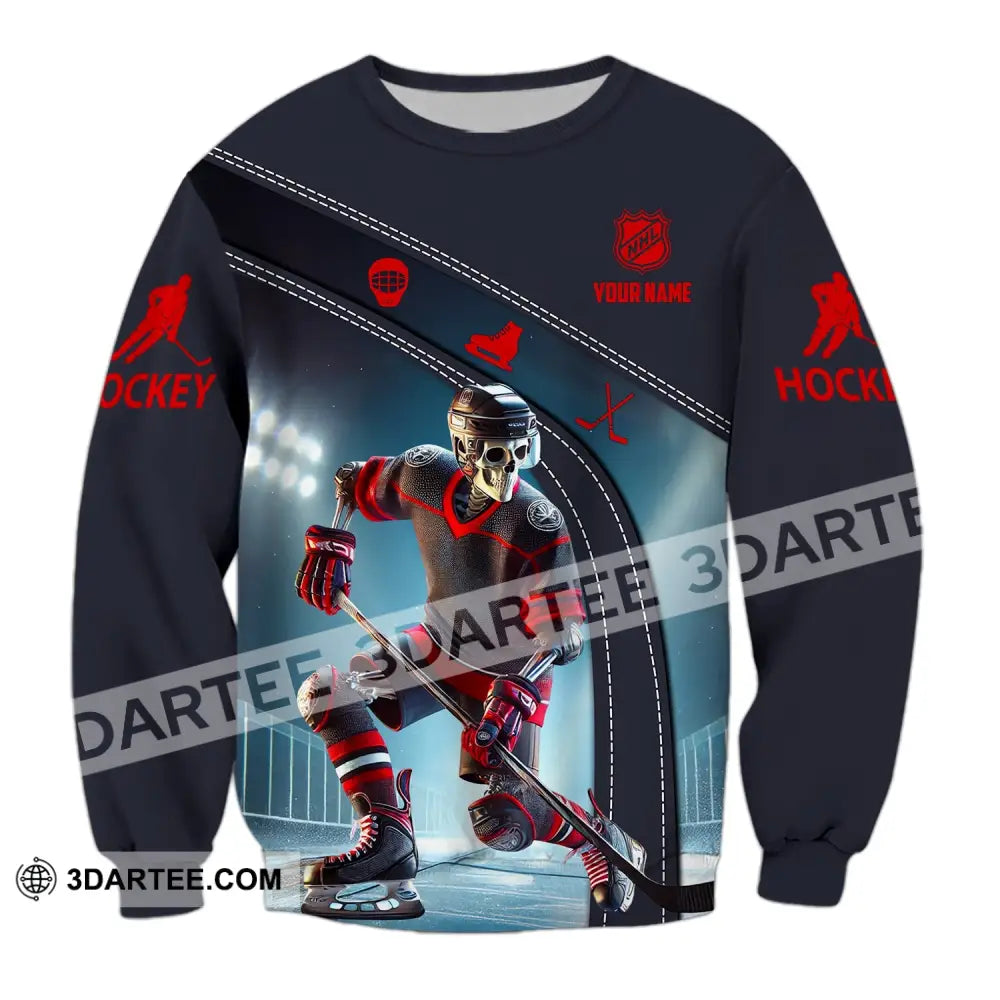 Unisex Shirt - Custom Name Skull Hockey Long Sleeve / S T-Shirt