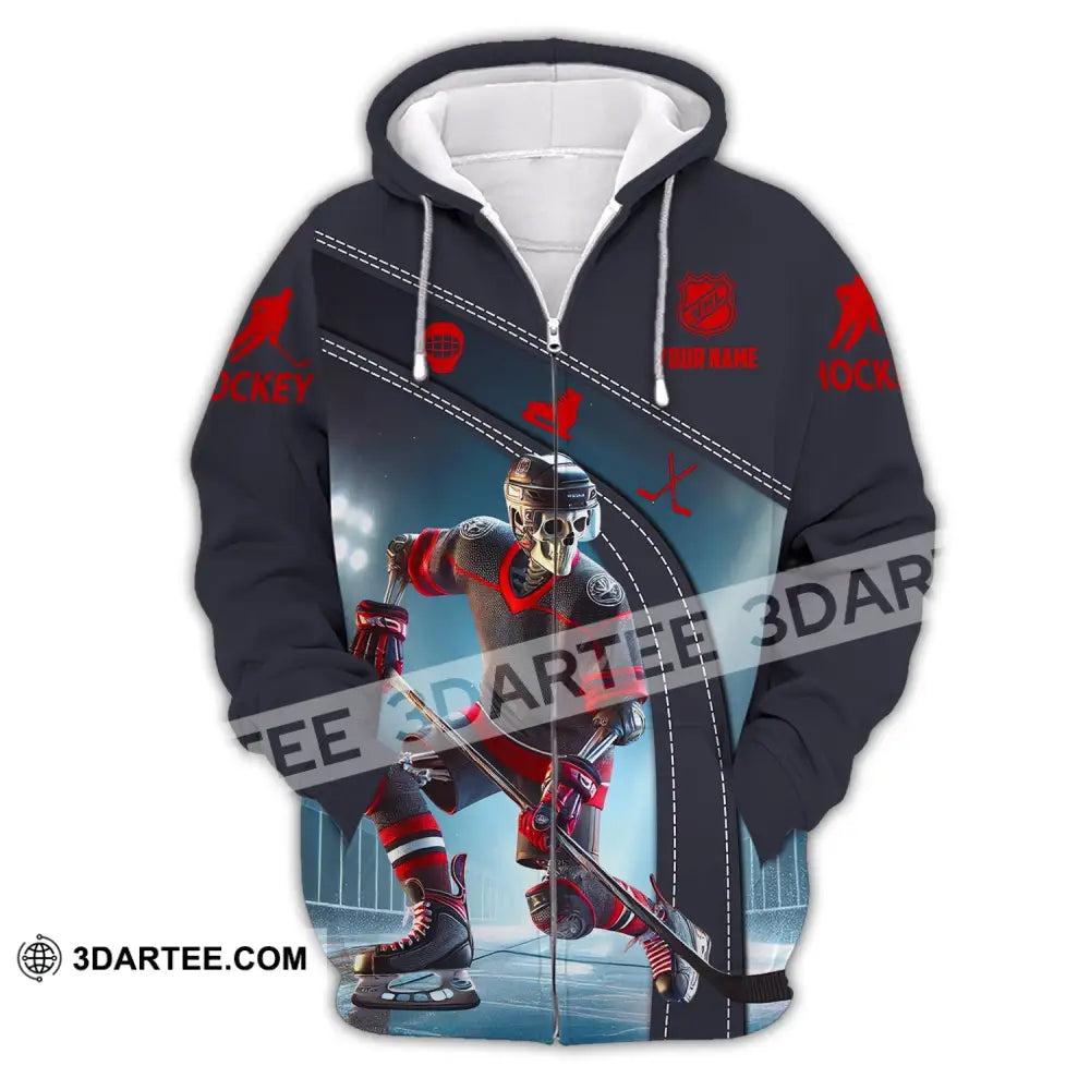 Unisex Shirt - Custom Name Skull Hockey Zipper Hoodie / S T-Shirt