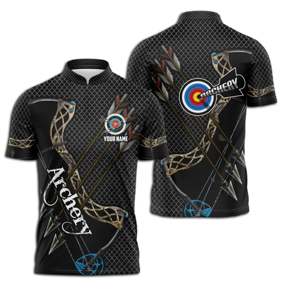 Unisex Shirt - Custom Name Sport Shirt Three Arrows Archery Zipper Polo Shirt / S T-shirt