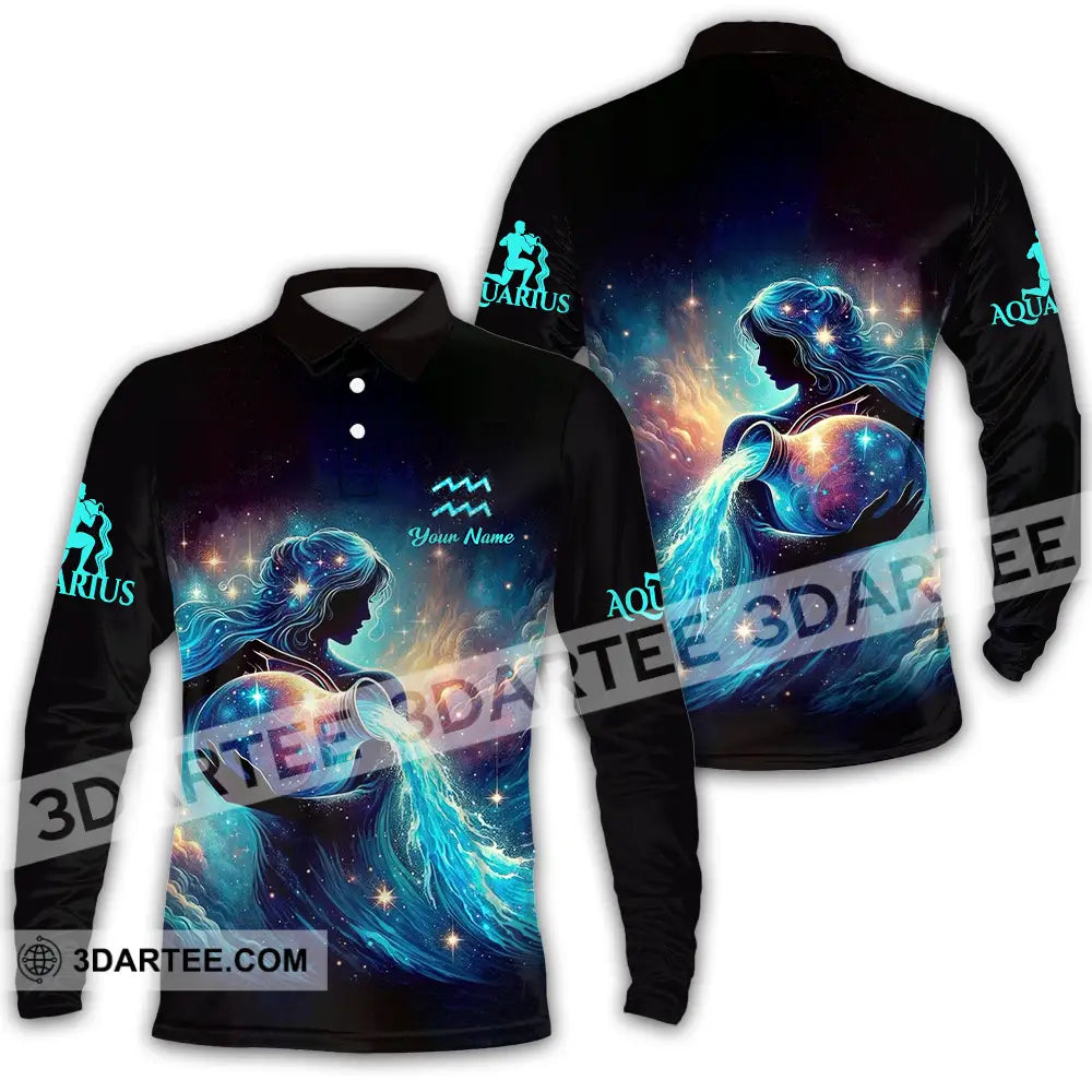 Unisex Shirt - Custom Text Aquarius Long Sleeve Polo / S T-Shirt