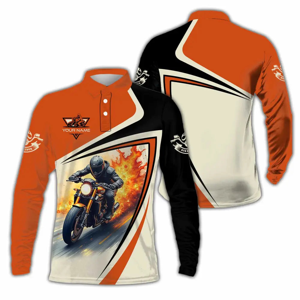 Unisex Shirt - Custom Text Shirt Fire Biker Rider Shirt Long Sleeve Polo / S T-shirt