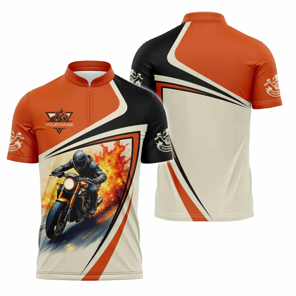 Unisex Shirt - Custom Text Shirt Fire Biker Rider Shirt Zipper Polo Shirt / S T-shirt