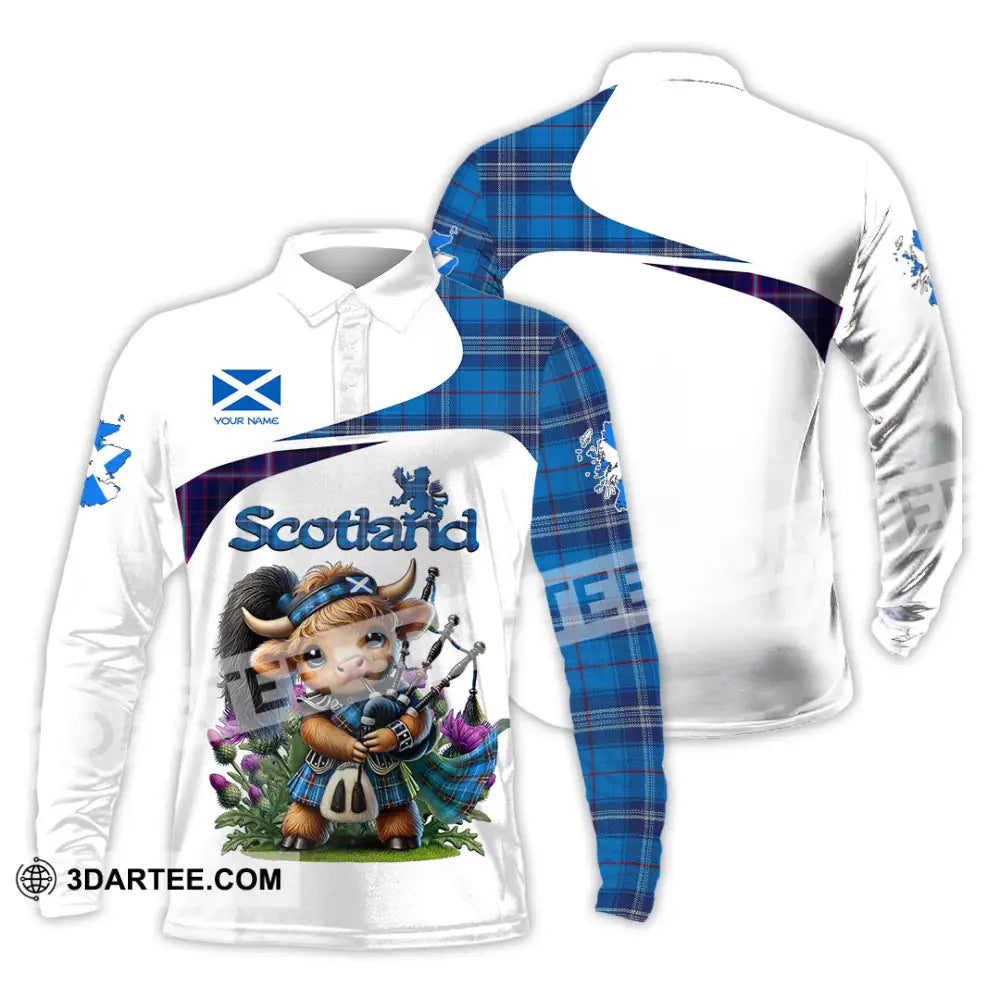 Unisex Shirt - Custom Text Shirt Scotland Highland Cow With Bagpipes Shirt Long Sleeve Polo / S T-shirt