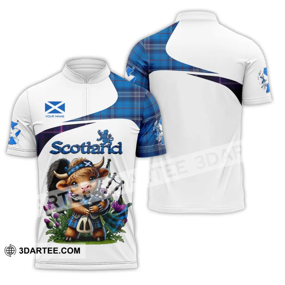 Unisex Shirt - Custom Text Shirt Scotland Highland Cow With Bagpipes Shirt Zipper Polo Shirt / S T-shirt