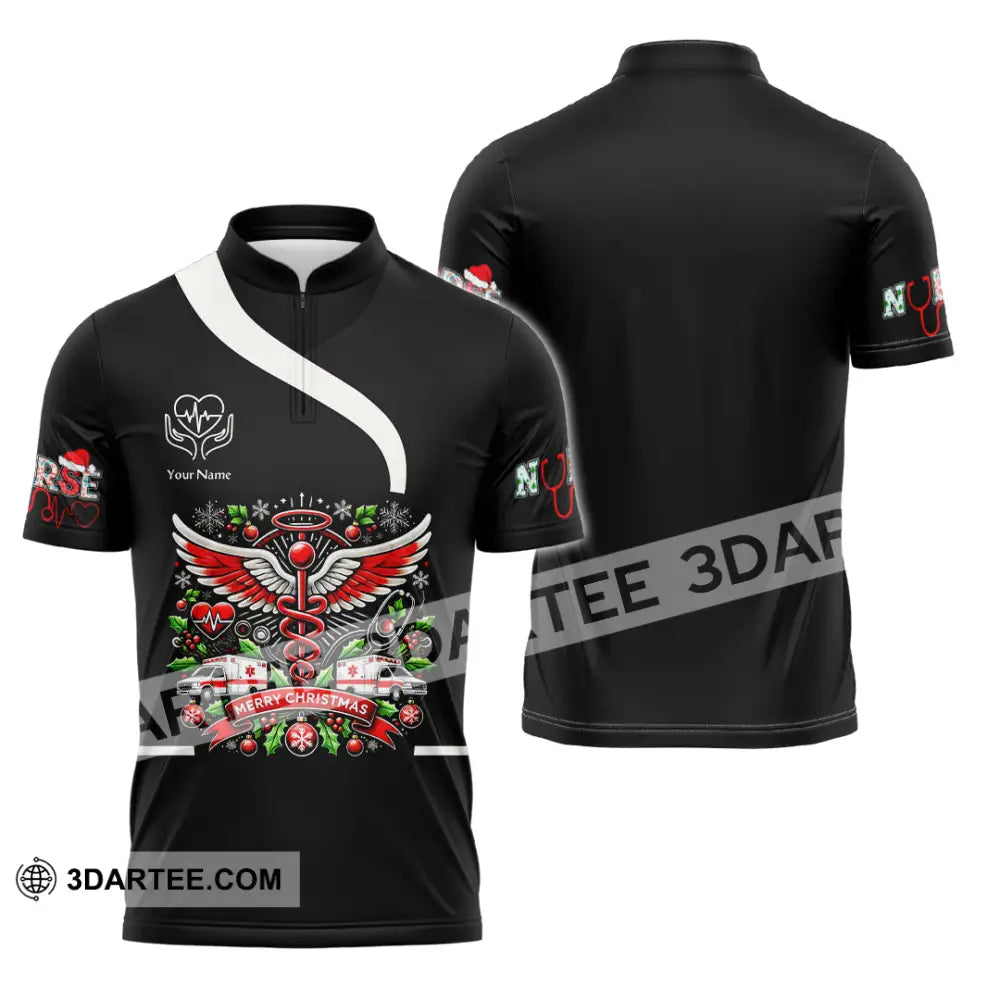 Woman Shirt Custom Name Nurse Polo Long Sleeve Uniform Zipper / S T-Shirt