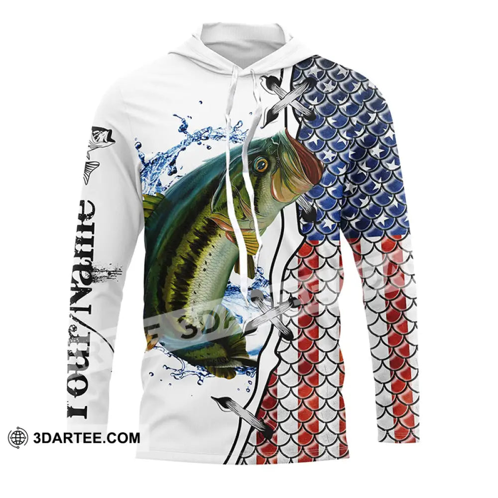 American Flag Largemouth Bass Patriotic Fishing Customize Name 3D Shirts Long Sleeve 05.06