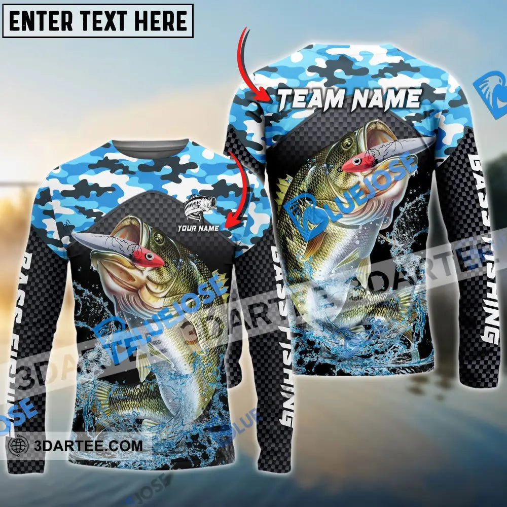 Bass Fishing Blue Camo Sport Custom Name & Team 3D Shirts Long Sleeve 05.06