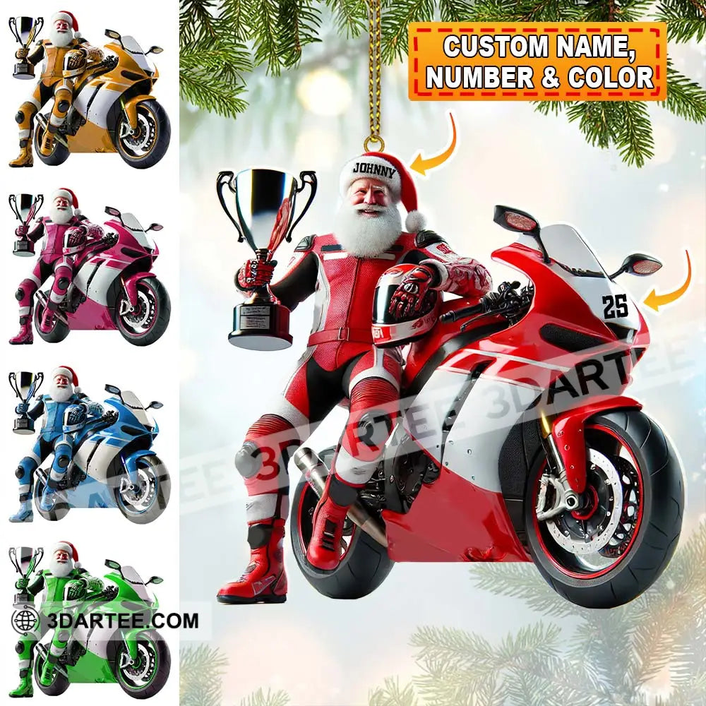 Custom Name And Number Santa Motorbike Ornament Christmas Gift