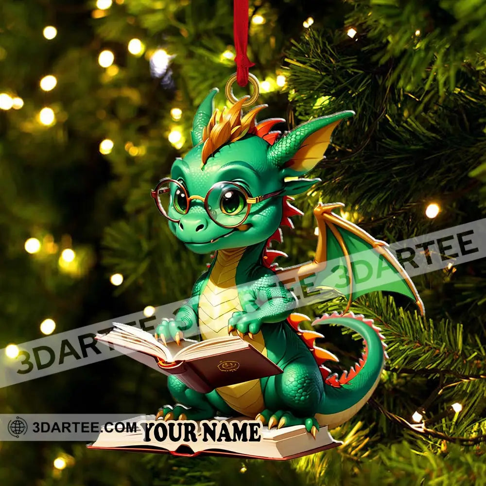 Custom Name Dragon Reading Books Ornament Christmas Gift For Book Lover