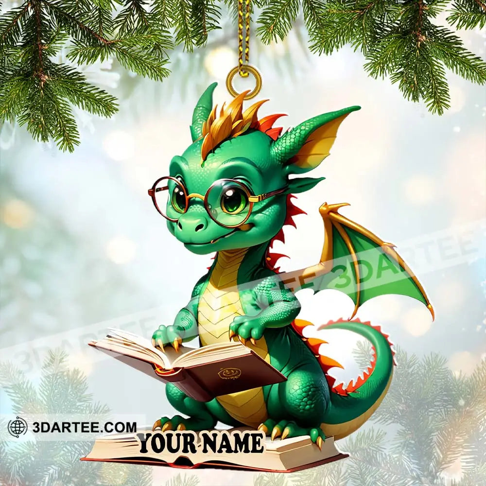 Custom Name Dragon Reading Books Ornament Christmas Gift For Book Lover 3.54’’ / 1