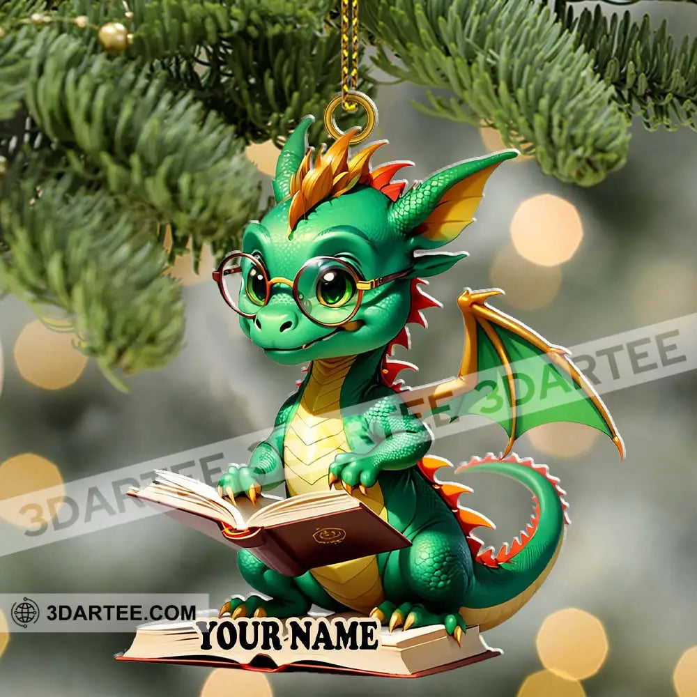 Custom Name Dragon Reading Books Ornament Christmas Gift For Book Lover