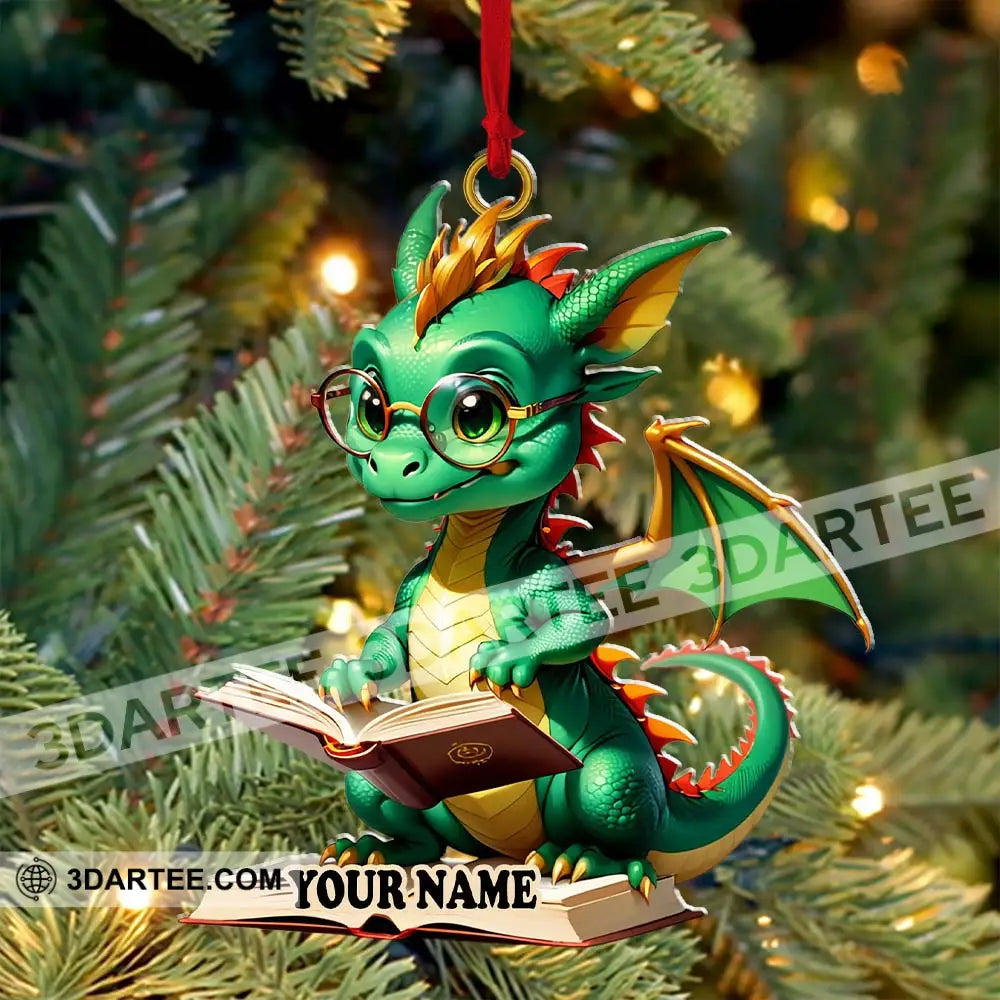 Custom Name Dragon Reading Books Ornament Christmas Gift For Book Lover