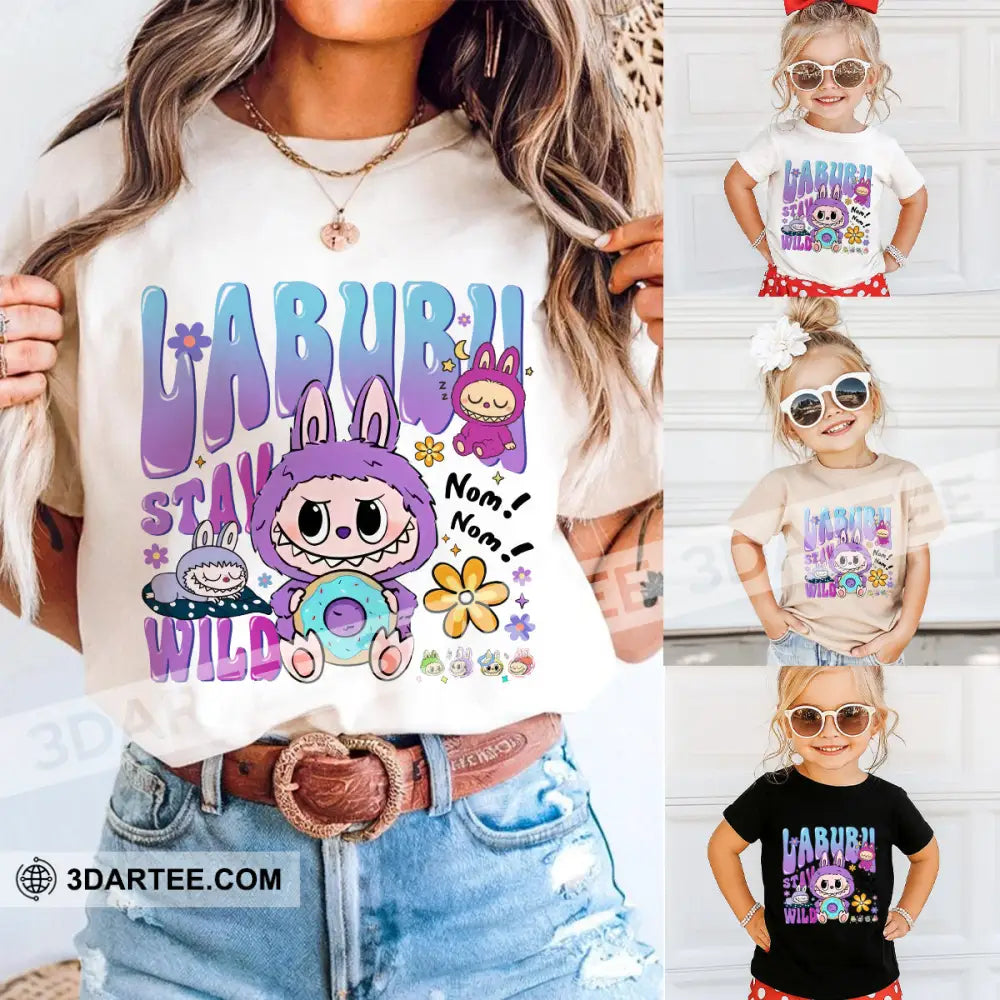 Kid And Adult T-Shirt - The Monsters Labubu T-Shirt Wow Stay Wild Cute Collectible Gift Kid T-shirt / Black / XS Apparel