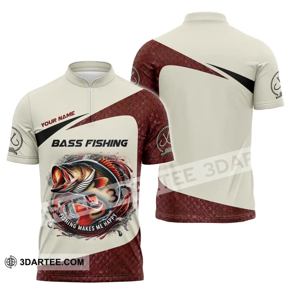 Man Shirt Custom Name Bass Fishing Lover Hoodie Polo Long Sleeve Zipper / S T-Shirt