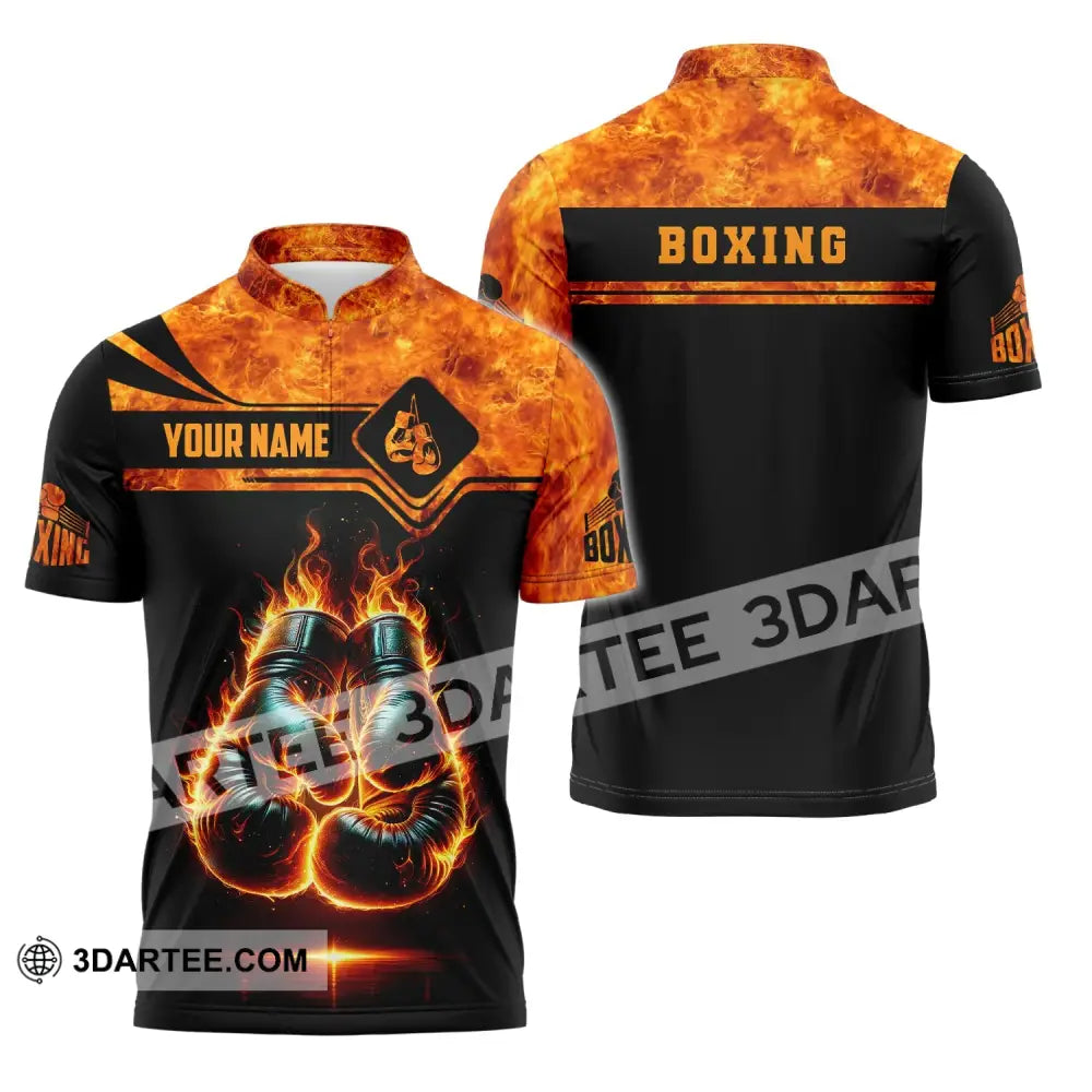 Man Shirt Custom Name Boxing Fire Polo Long Sleeve Gift For Lover Zipper / S T-Shirt