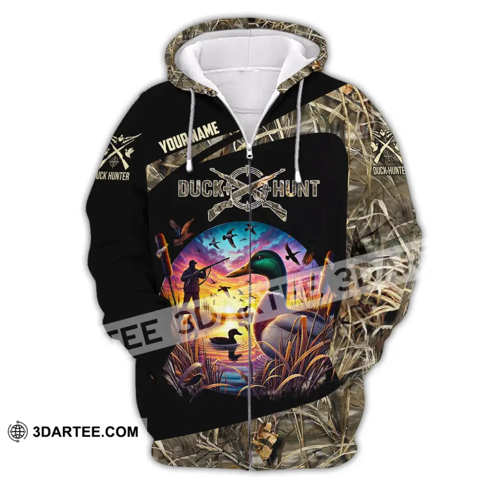 Man Shirt Custom Name Duck Hunter Hunting T-Shirt Hoodie Long Sleeve Zipper / S T-Shirt