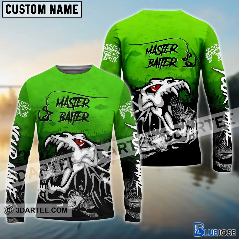 Master Baiter Green Custom Name 3D Shirts Fishing Long Sleeves 31.05