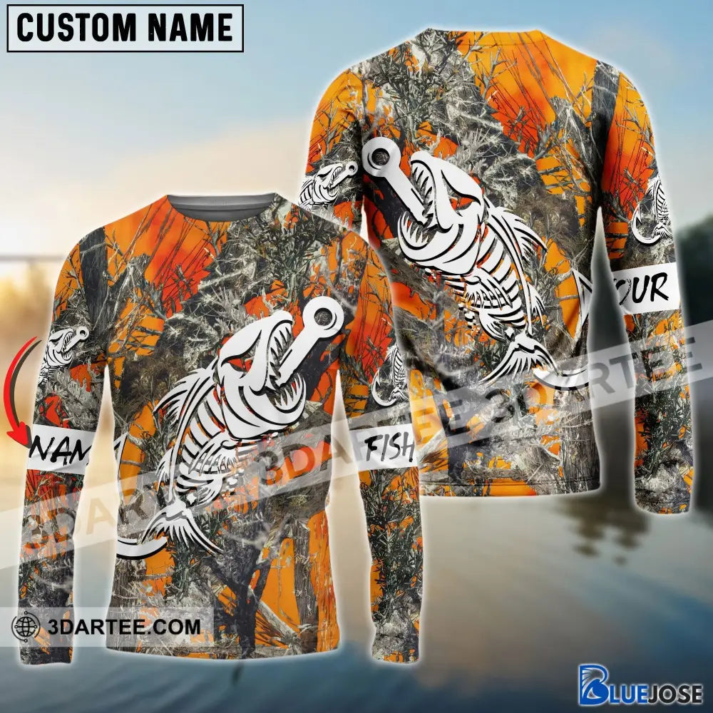 Orange Camo Fish Hook Skull Custom Name Long Sleeve Fishing Sleeves 31.05