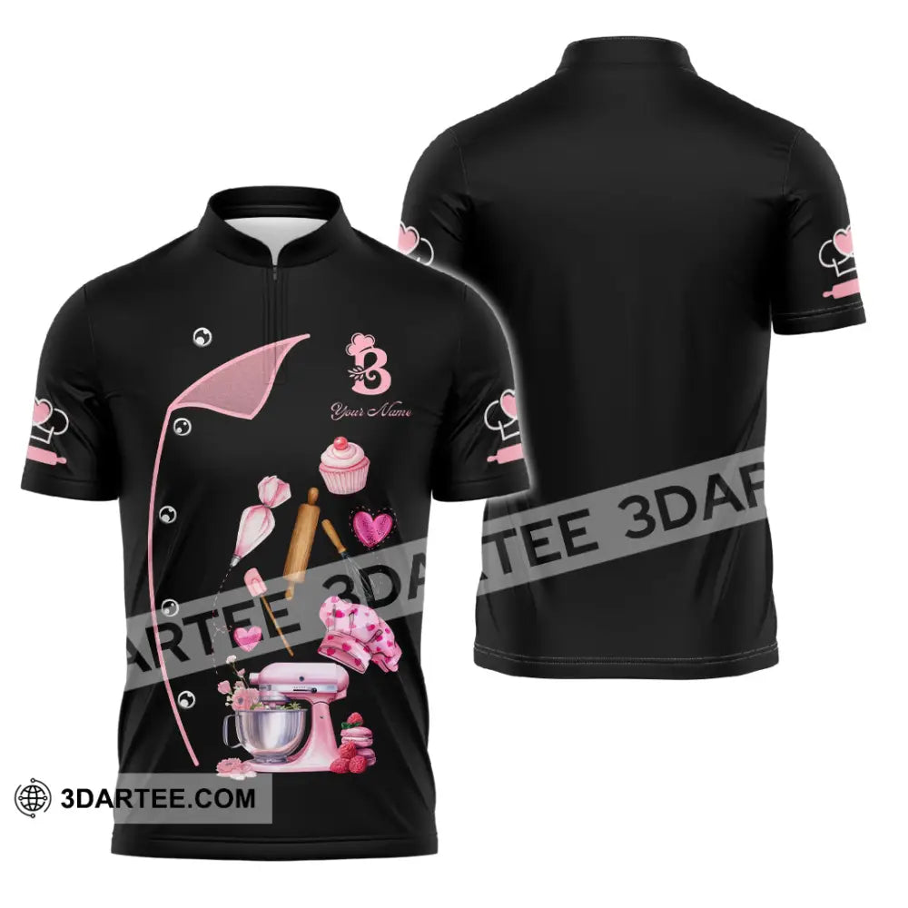 Unisex Shirt - Custom Bakery Black & Pink Cute Shirt Zipper Polo Shirt / S T-shirt